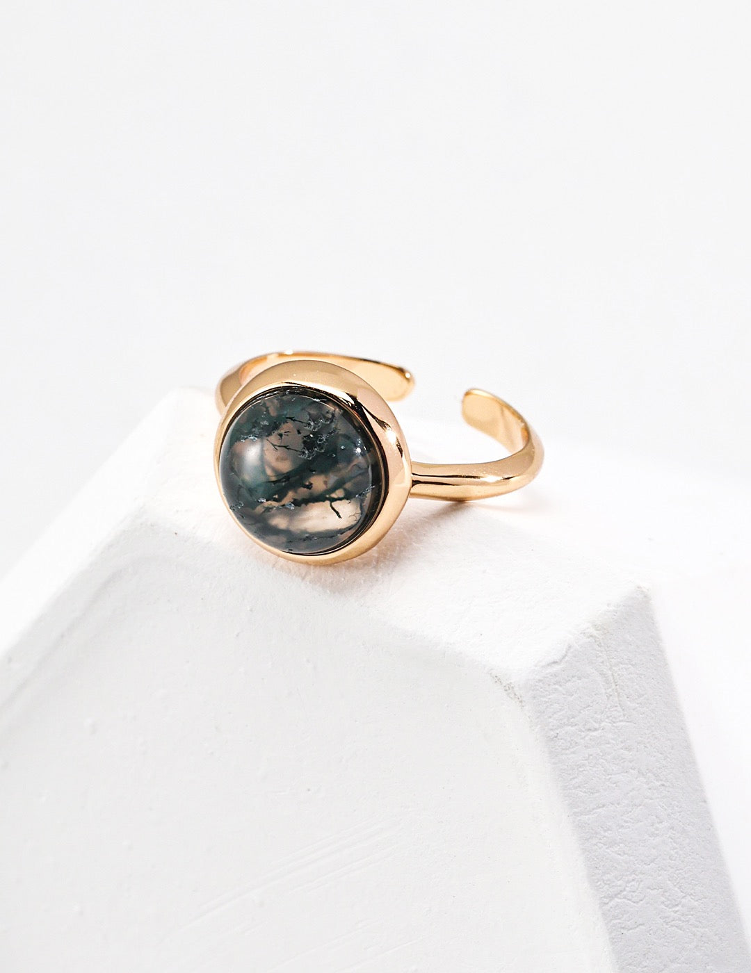 Moss Agate Gold-Plated Silver Open Ring - Lucky & Life Force - Mysjewelry 
